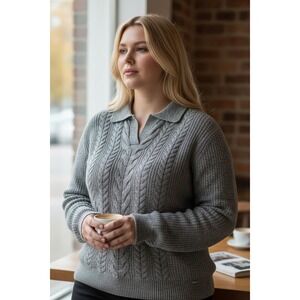 NWT Time and Tru Gray Cable Polo Sweater XL - Preppy Boho Grandmother